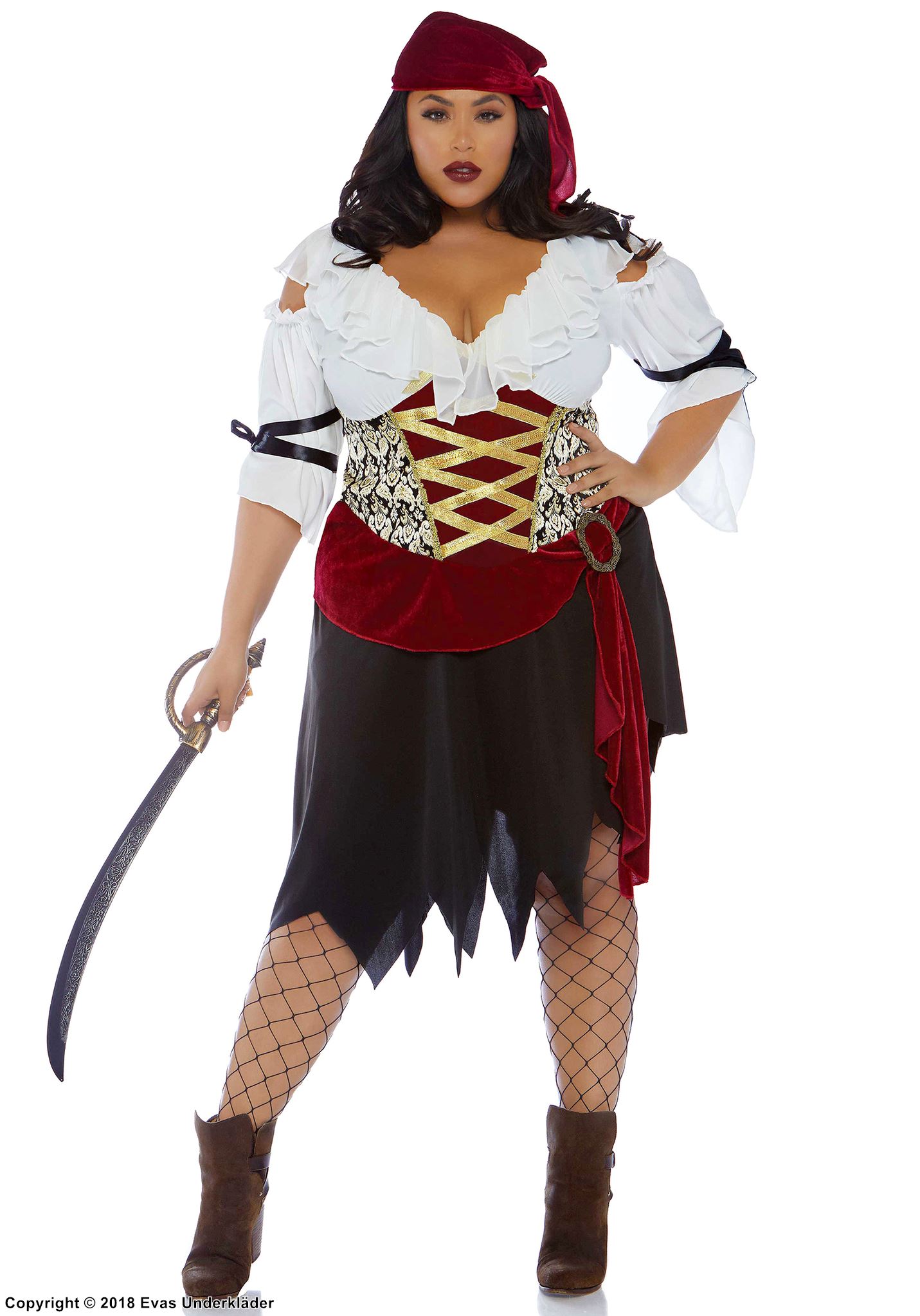 Kvinnlig pirat, maskeradklänning med volangkant, midjeband och revor, plus size